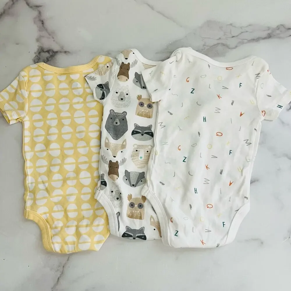 3x Cloud Island short sleeve onesies animal critter alphabet letters yellow geo